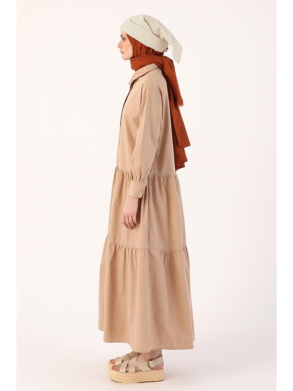 Bej Camel %100 Pamuk Büzgülü Gömlek Elbise-2