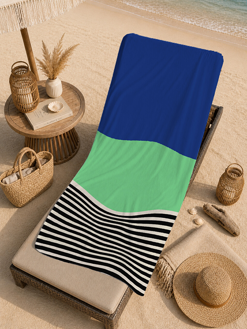 Milbay Grup Lacivert Mint Siyah Renk Bloklu Çizgili 70x150 Cm Dijital Plaj Ve Banyo Havlusu-37355-4