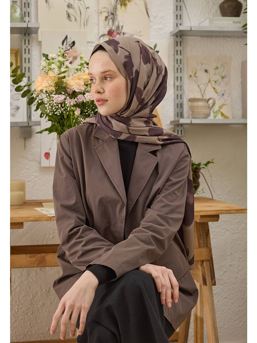 Dark Flower Desen Şal Mürdüm