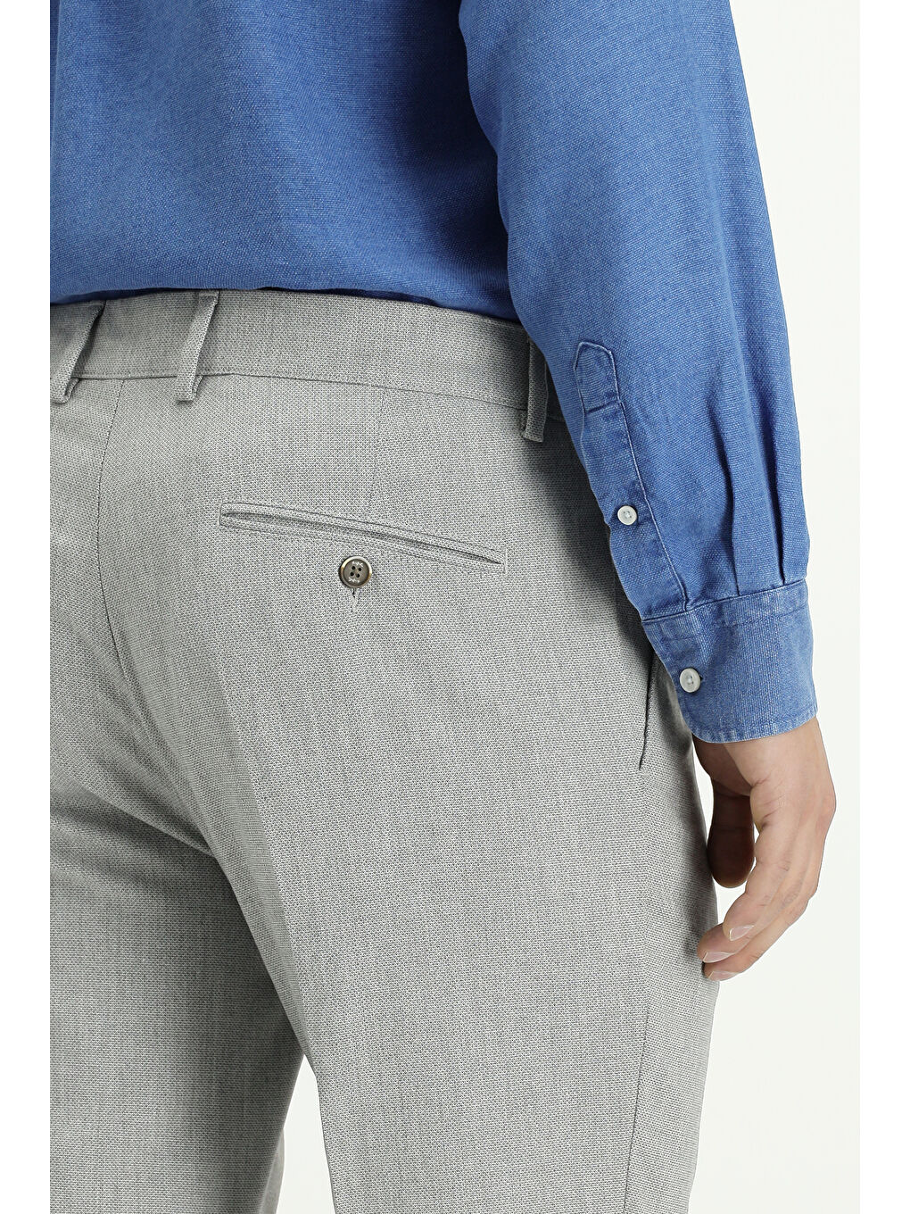 Gri Slim Fit Dar Kesim Elastanlı Desenli Tokalı Pileli Klasik Kumaş Pantolon-5