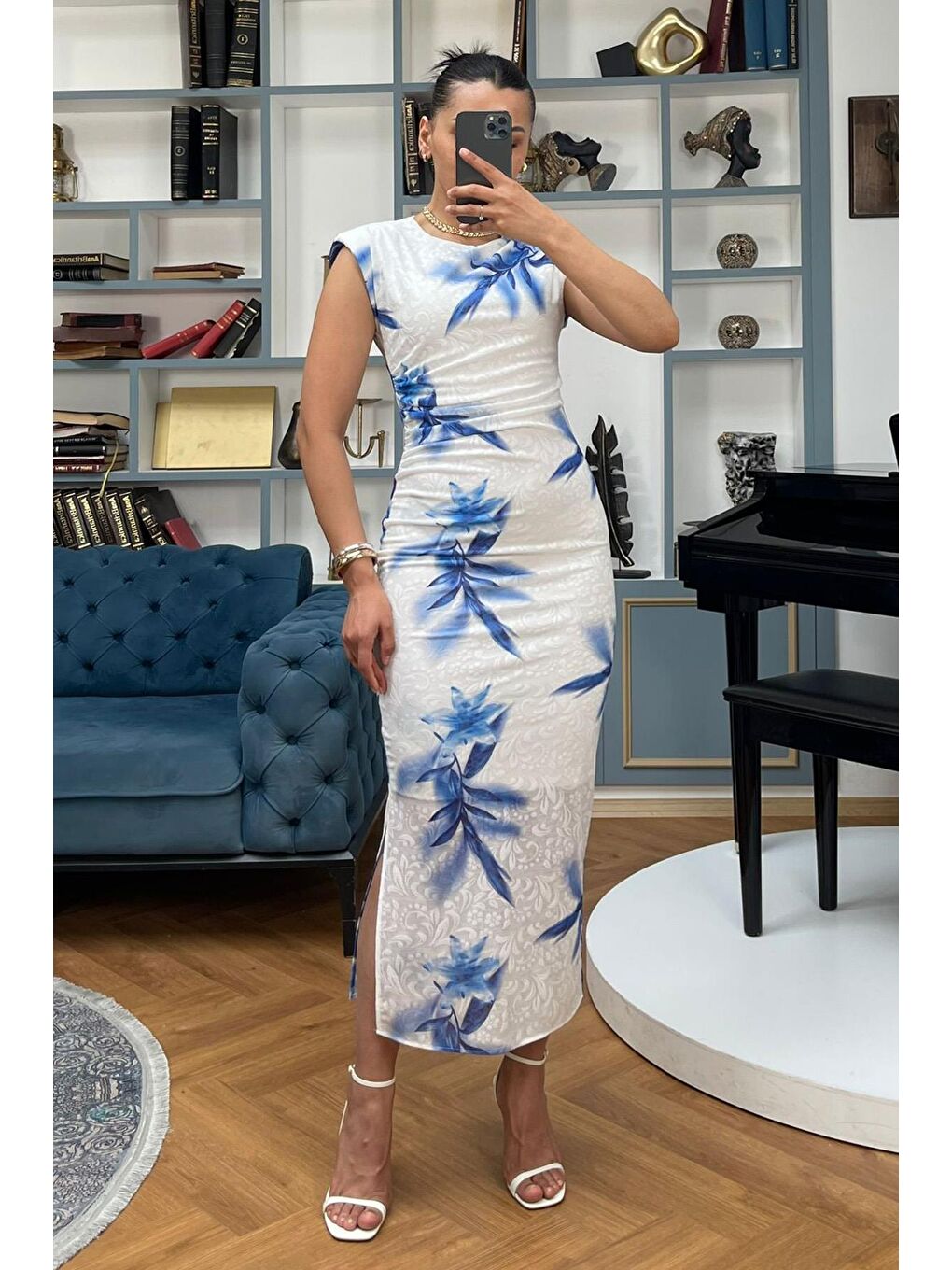 Mavi Desenli Midi Boy Kadın Elbise Mg2464-6