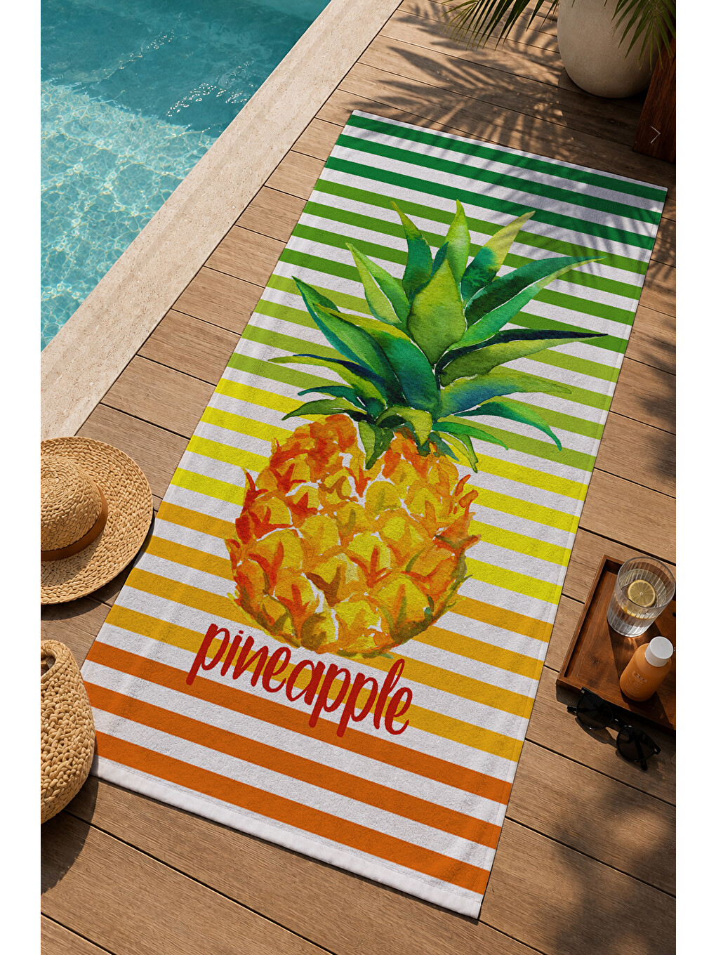 Milbay Grup Yeşil Çizgili Ananas Desenli 70x150 Cm Dijital Plaj Ve Banyo Havlusu-18194-2
