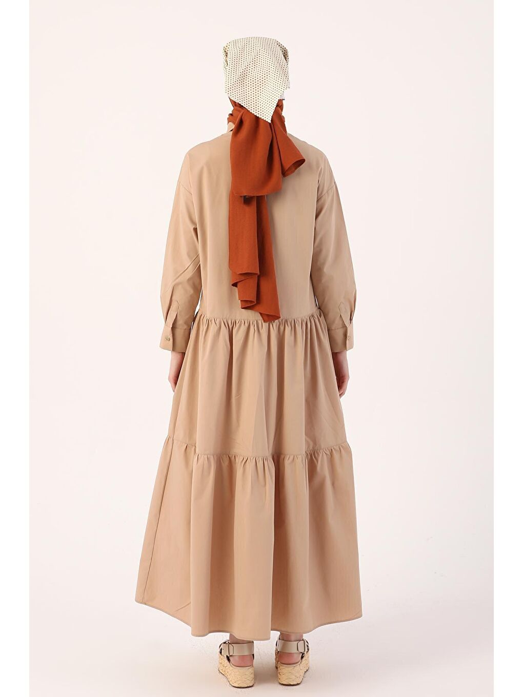 Bej Camel %100 Pamuk Büzgülü Gömlek Elbise-3