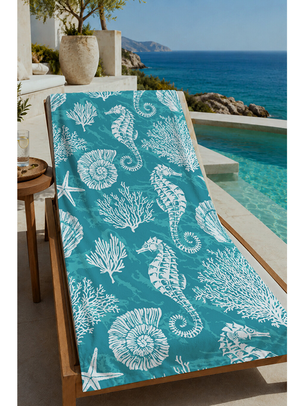 Turkuaz Denizatı Ve Deniz Kabuğu Desenli 70x150 Cm Dijital Baskılı Plaj Ve Banyo Havlusu