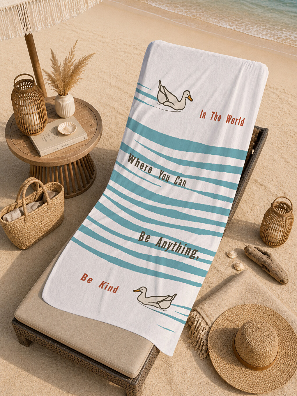 Turkuaz Çizgili Be Kind Balina Yazılı Desenli 70x150 Cm Dijital Baskılı Plaj Ve Banyo Havlusu-4