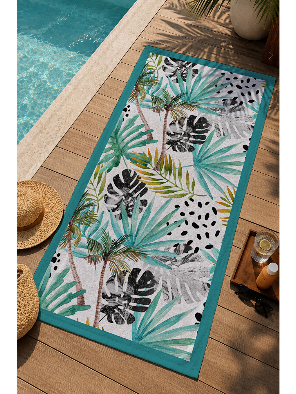 Turkuaz Tropikal Yaprak Ve Zebra Desenli 70x150 Cm Dijital Baskılı Plaj Ve Banyo Havlusu-2