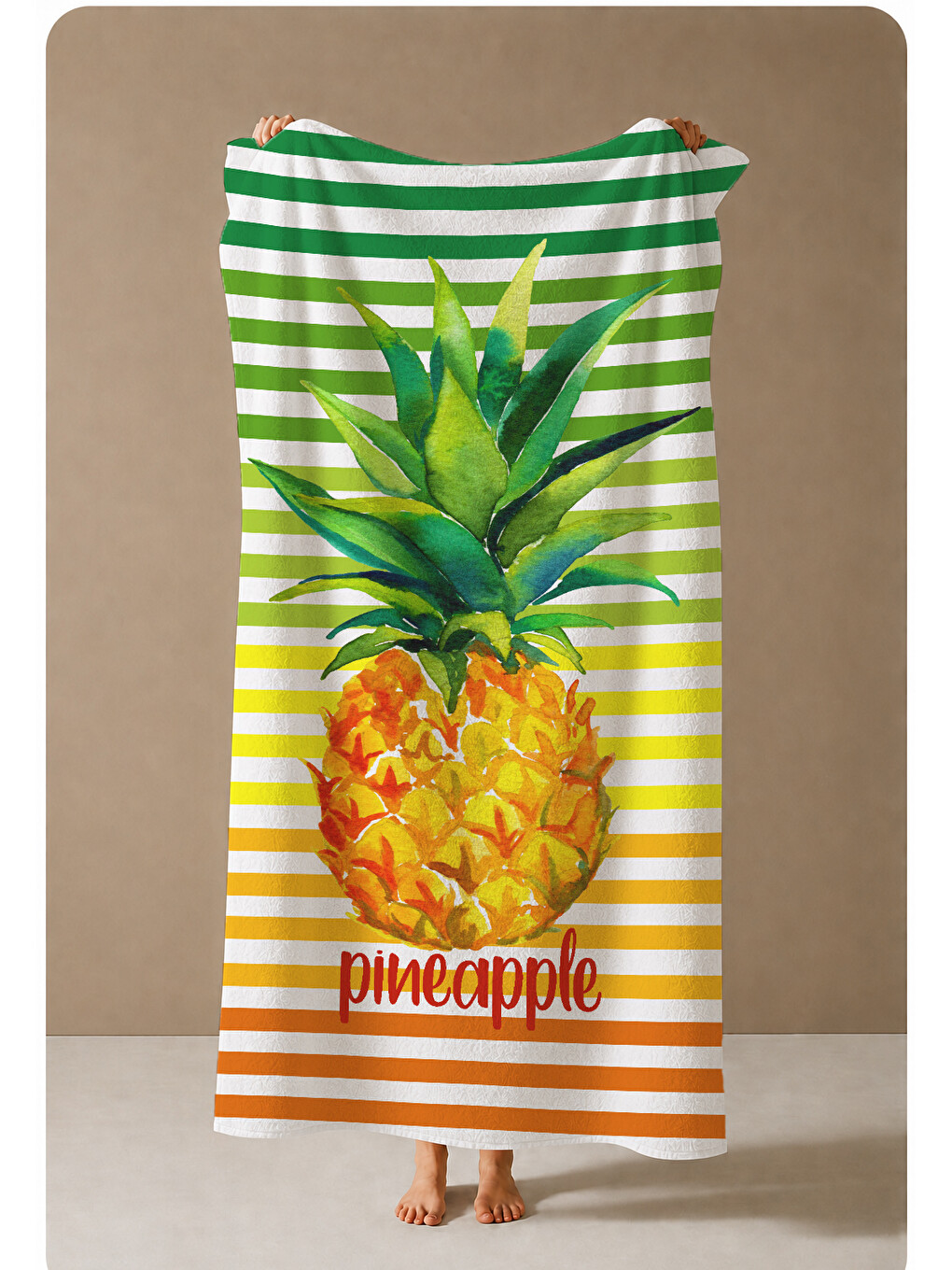 Milbay Grup Yeşil Çizgili Ananas Desenli 70x150 Cm Dijital Plaj Ve Banyo Havlusu-18194-3