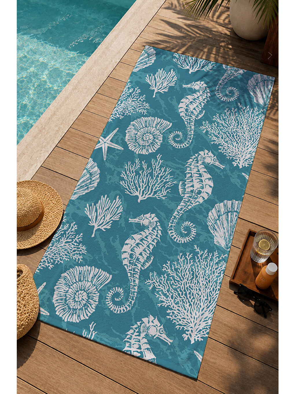 Turkuaz Denizatı Ve Deniz Kabuğu Desenli 70x150 Cm Dijital Baskılı Plaj Ve Banyo Havlusu-2