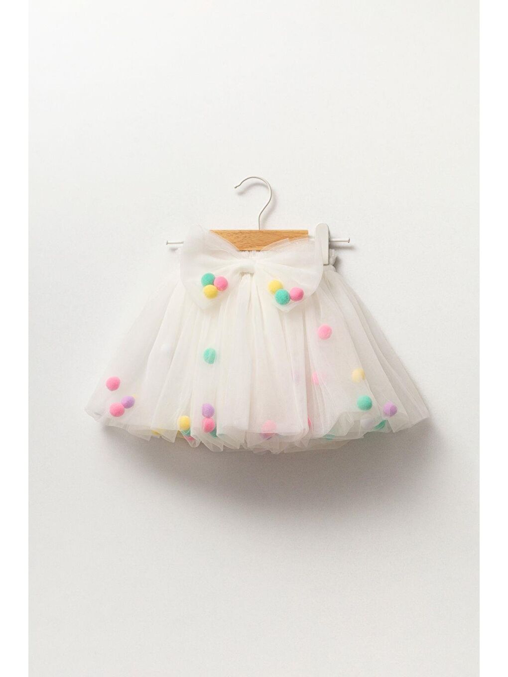 Beyaz Kız Çocuk Kırmızı Astarlı Ponponlu Tütü Etek