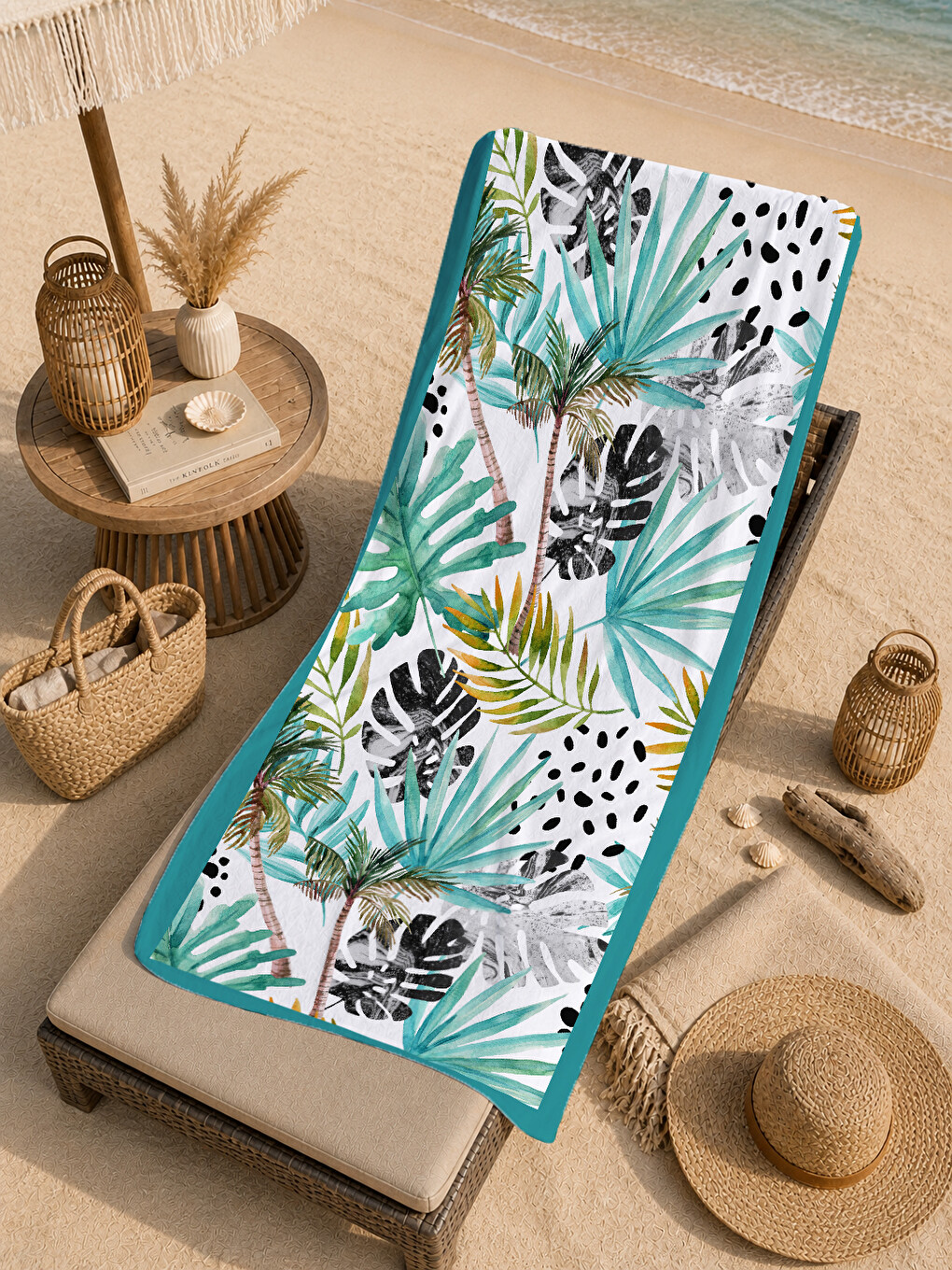 Turkuaz Tropikal Yaprak Ve Zebra Desenli 70x150 Cm Dijital Baskılı Plaj Ve Banyo Havlusu-4