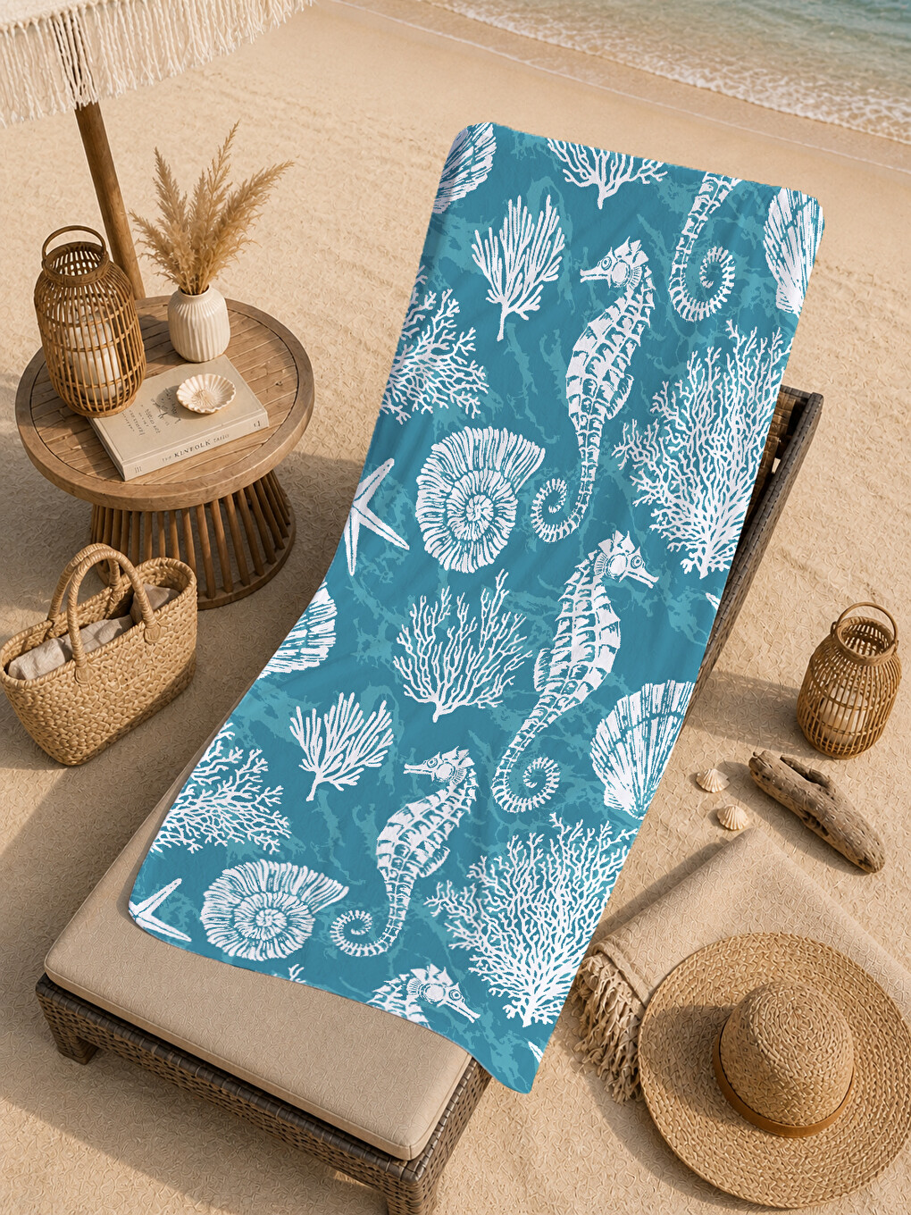 Turkuaz Denizatı Ve Deniz Kabuğu Desenli 70x150 Cm Dijital Baskılı Plaj Ve Banyo Havlusu-4