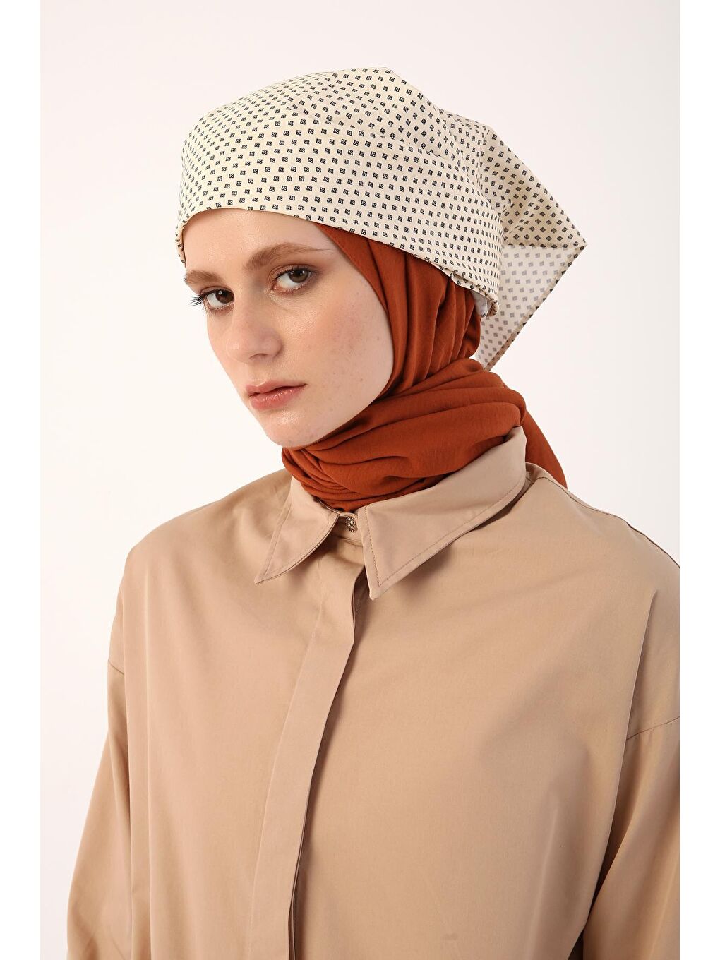 Bej Camel %100 Pamuk Büzgülü Gömlek Elbise-4