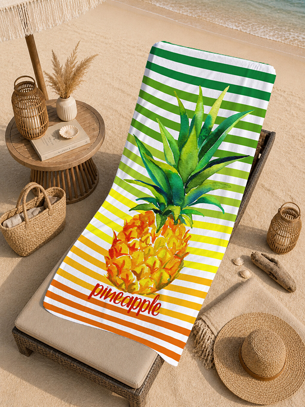 Milbay Grup Yeşil Çizgili Ananas Desenli 70x150 Cm Dijital Plaj Ve Banyo Havlusu-18194-4