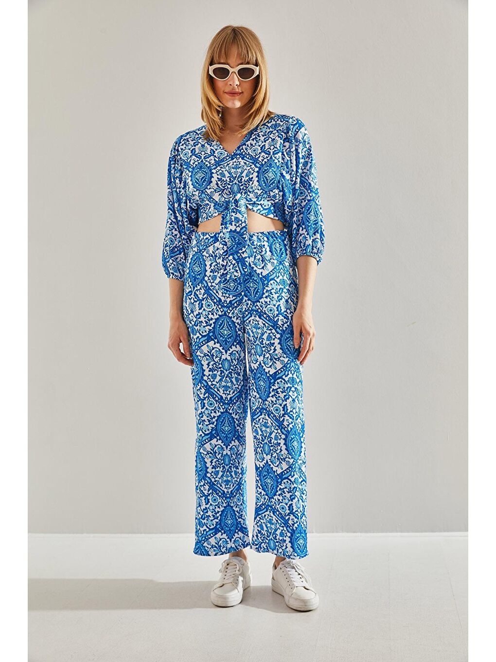 Mavi Kadın Baglamalı Arkası Ve Kolu Lastikli Crop Palazzo Alt-Üst Takım-1