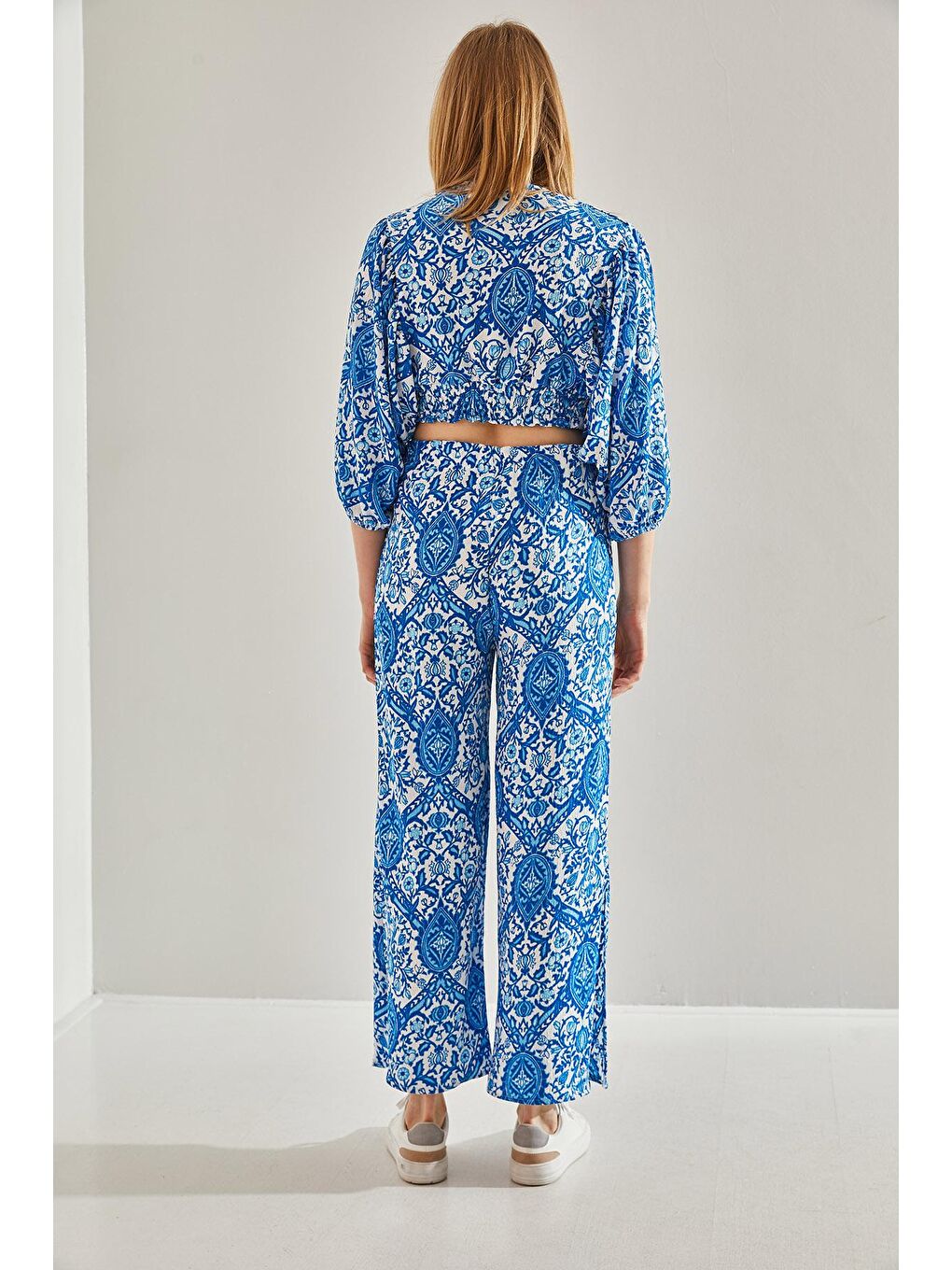 Mavi Kadın Baglamalı Arkası Ve Kolu Lastikli Crop Palazzo Alt-Üst Takım-2