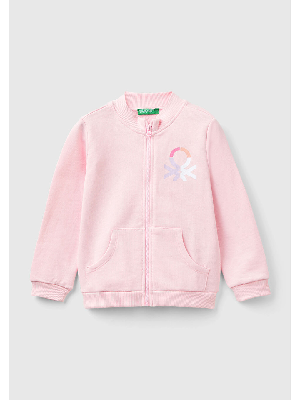 United Colors Of Benetton Kız Çocuk Açık Pembe Önü Logo Baskılı Normal Kesim Fermuarlı Cepli Sweatshirt