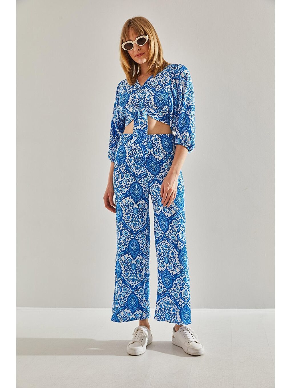 Mavi Kadın Baglamalı Arkası Ve Kolu Lastikli Crop Palazzo Alt-Üst Takım-3