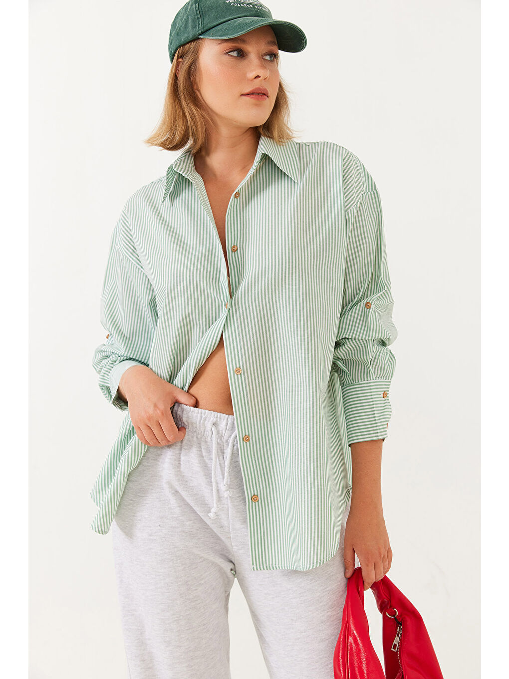 Yeşil Kadın Metalik İplik Çizgili Gömlek