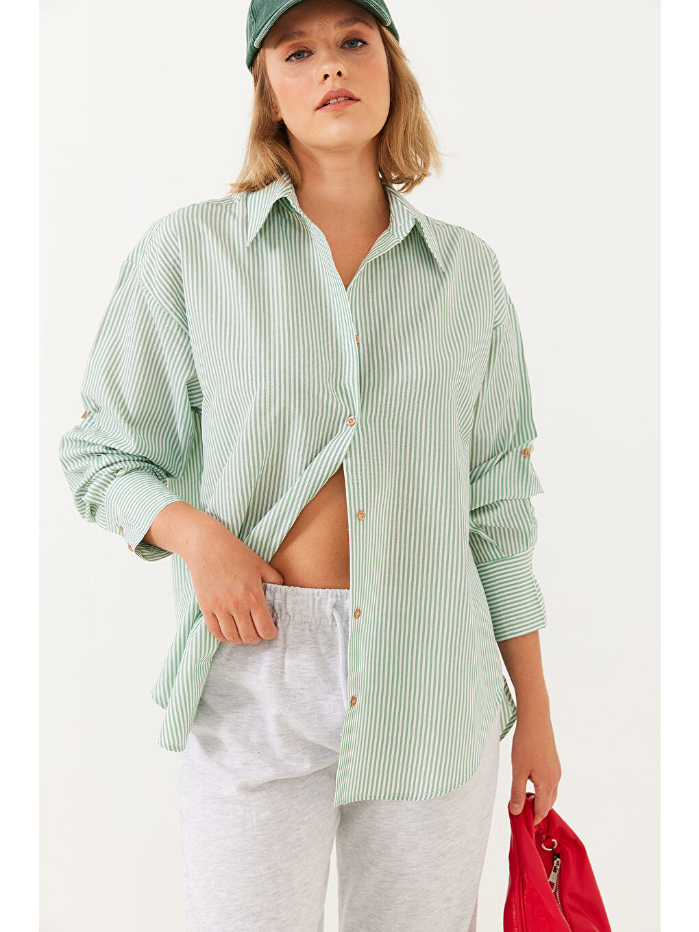 Yeşil Kadın Metalik İplik Çizgili Gömlek-1
