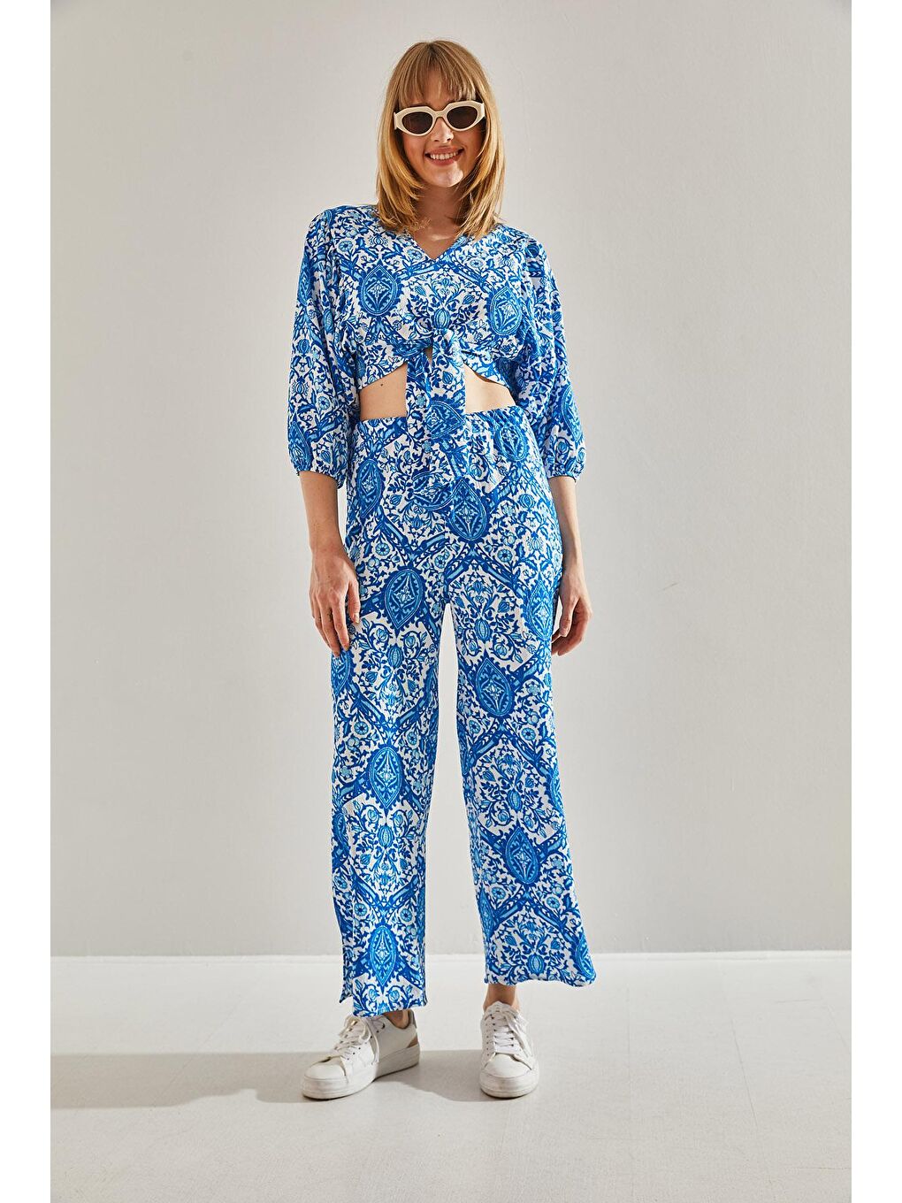 Mavi Kadın Baglamalı Arkası Ve Kolu Lastikli Crop Palazzo Alt-Üst Takım-4