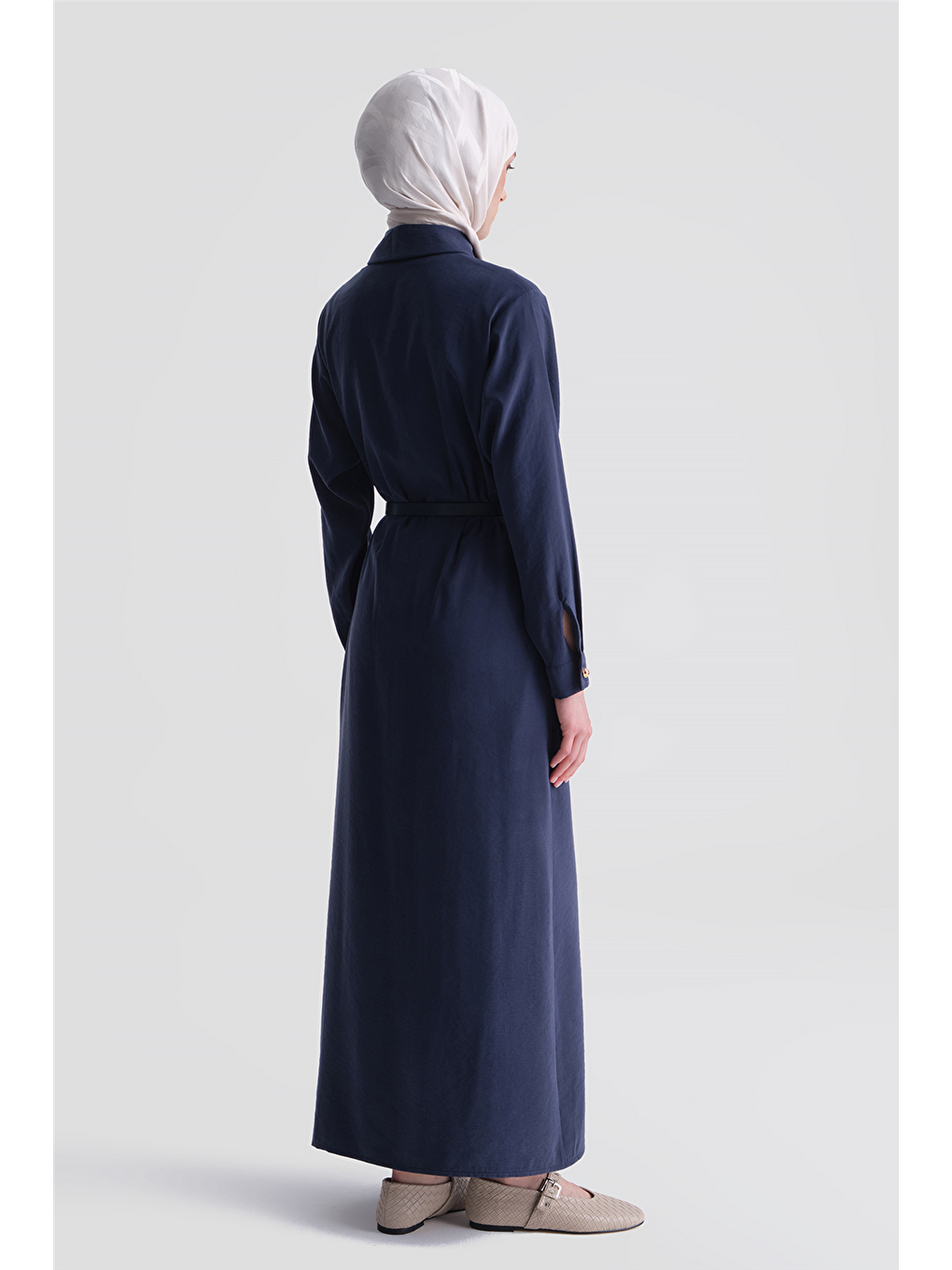 Düğme Detaylı Viskon Elbise Lacivert-4