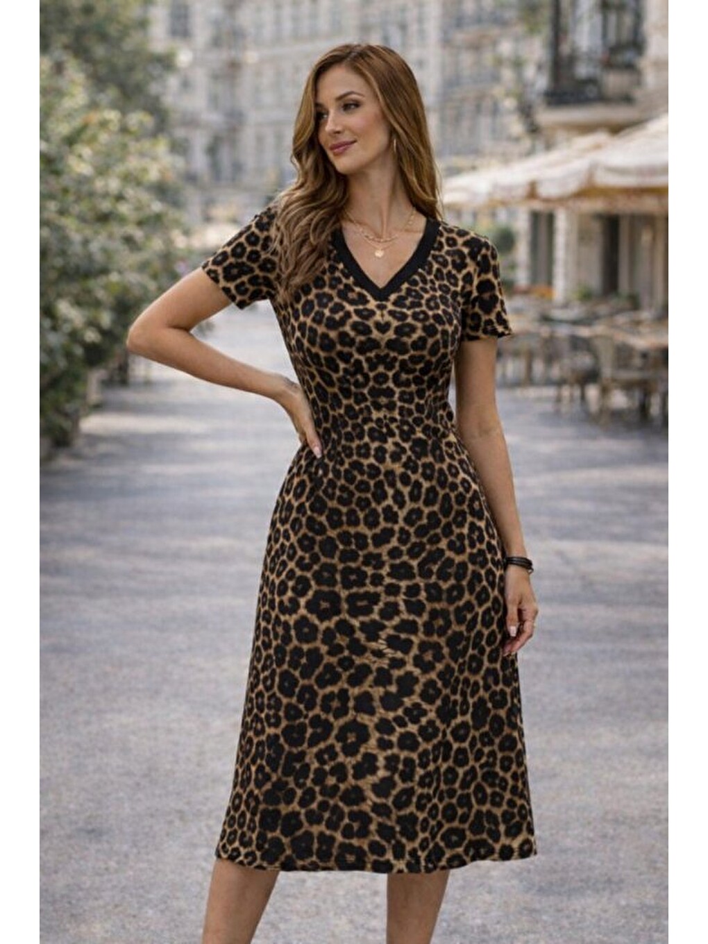 Kahverengi Kadın Kısa Kollu V Yakalı Leopar Desenli Kısa Süprem Elbise-2