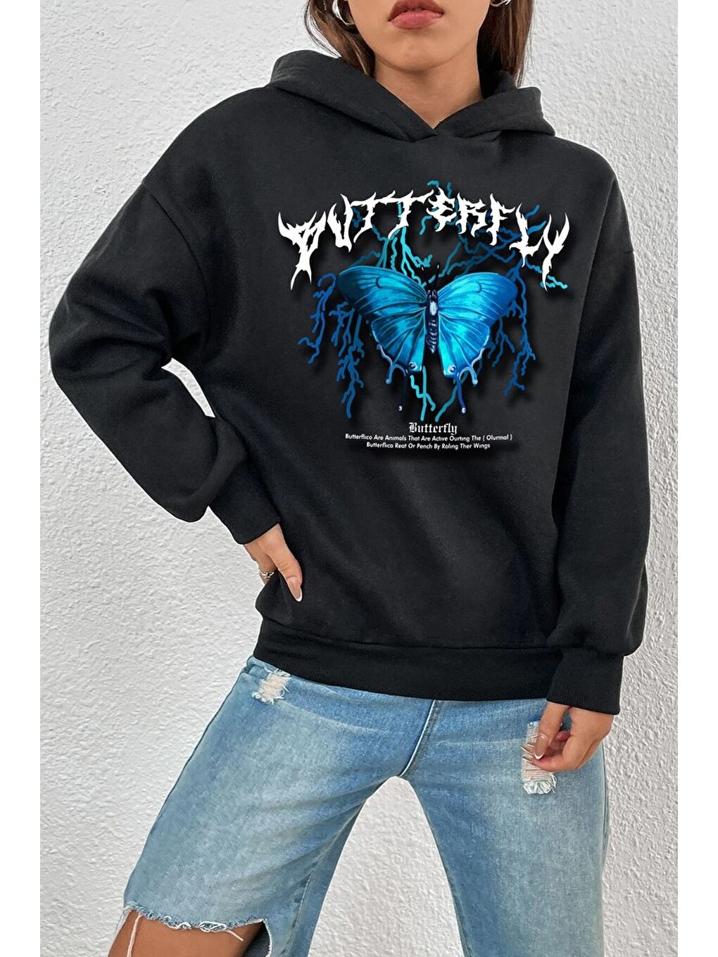 uyguntarz Siyah Unisex Blue Butterfly Baskılı Sweatshirt