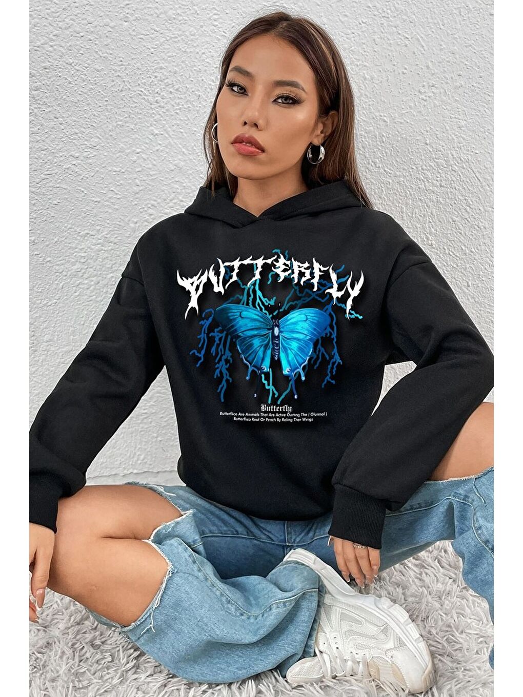 uyguntarz Siyah Unisex Blue Butterfly Baskılı Sweatshirt - 1