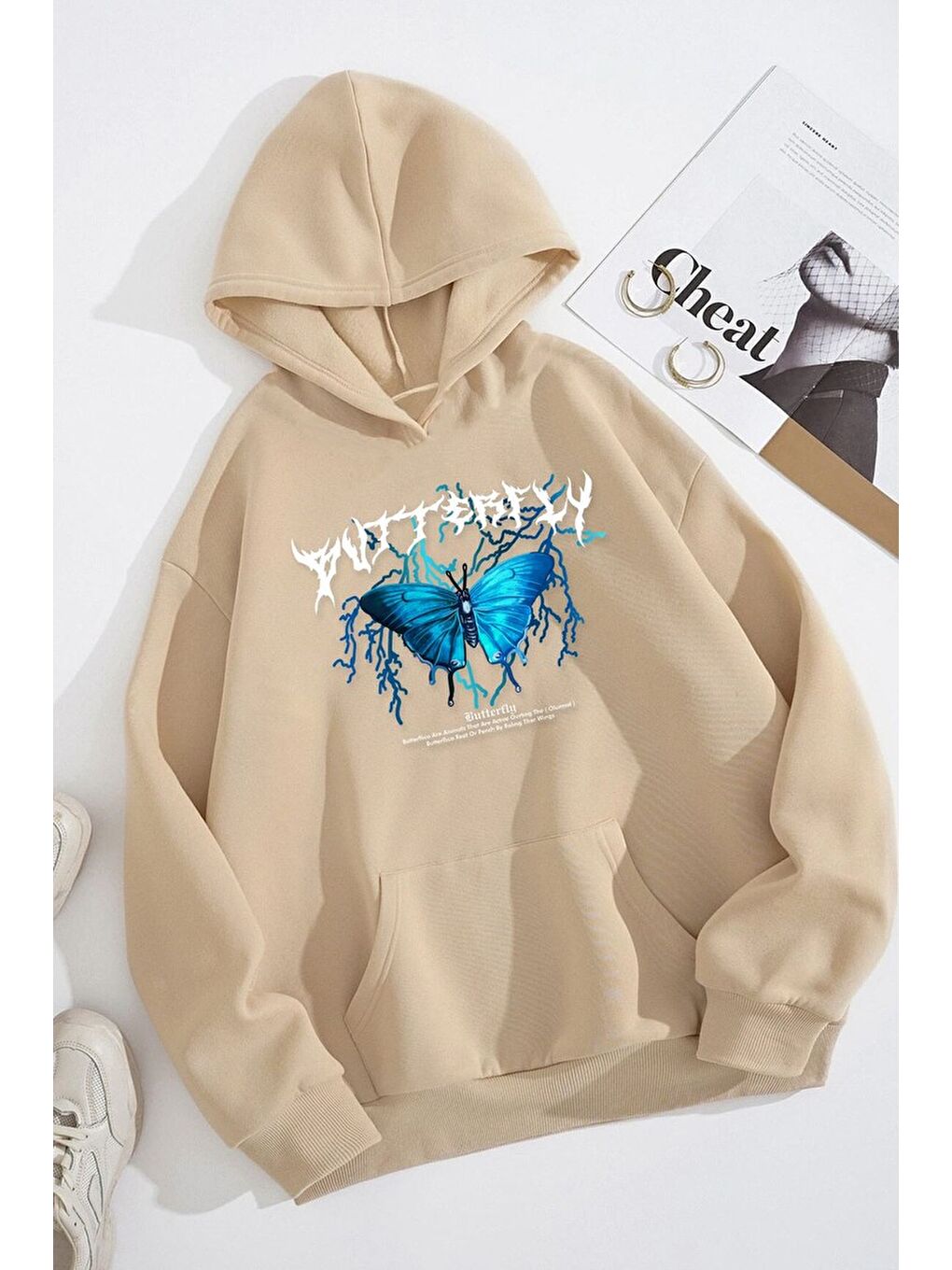 uyguntarz Bej Unisex Blue Butterfly Baskılı Sweatshirt