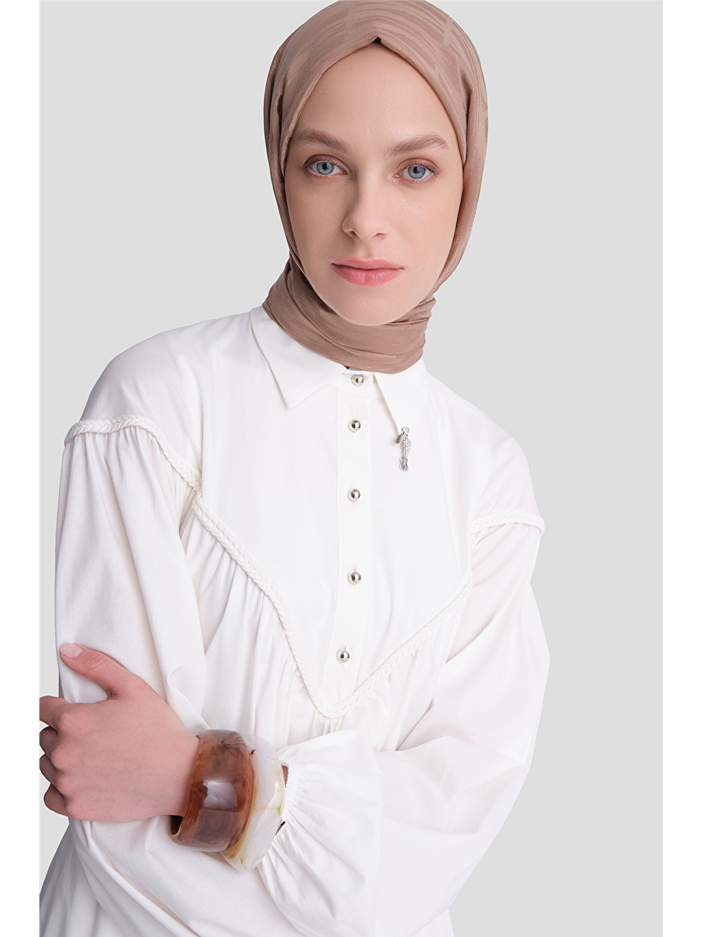 Oversize Katlı Poplin Elbise Ekru-1