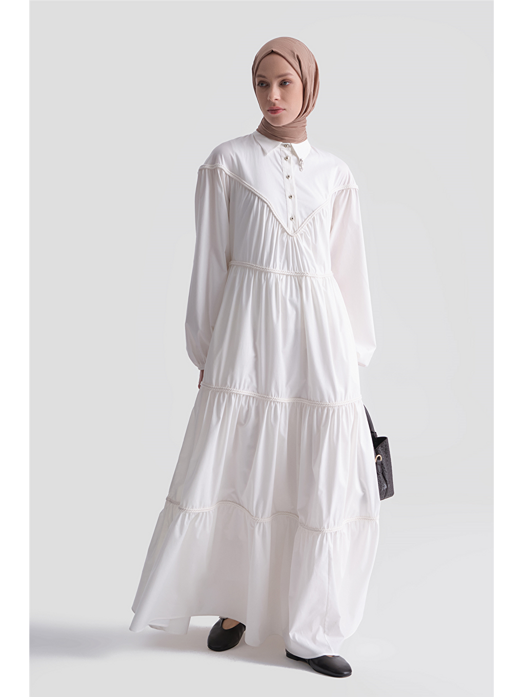 Oversize Katlı Poplin Elbise Ekru-2