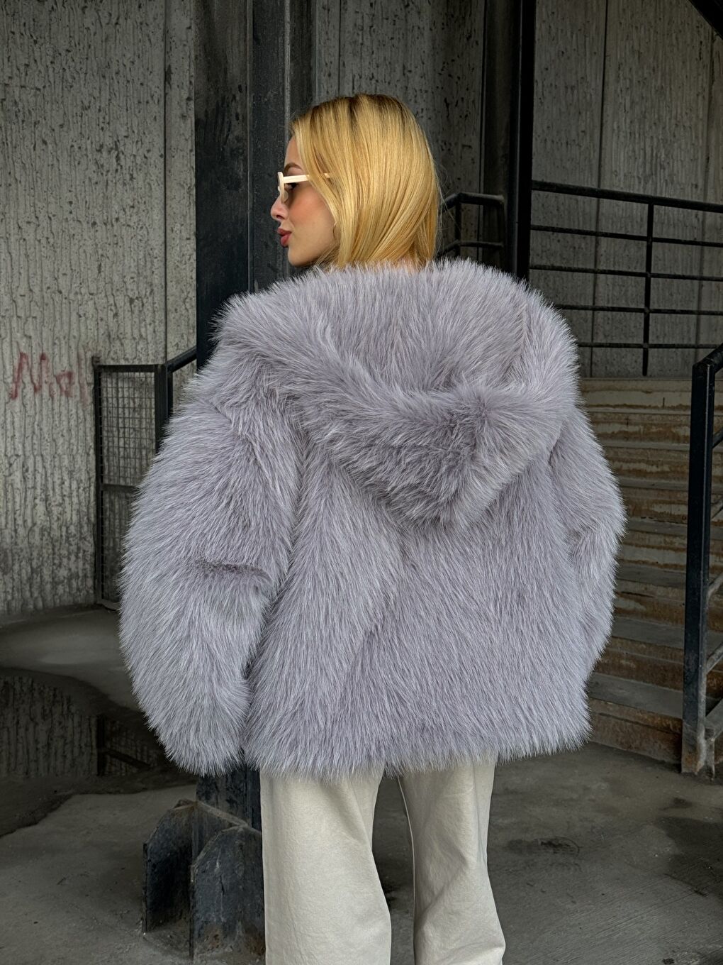 Kapüşonlu Kürk Ceket Gri-3