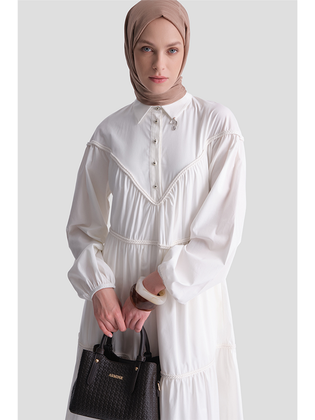 Oversize Katlı Poplin Elbise Ekru-3