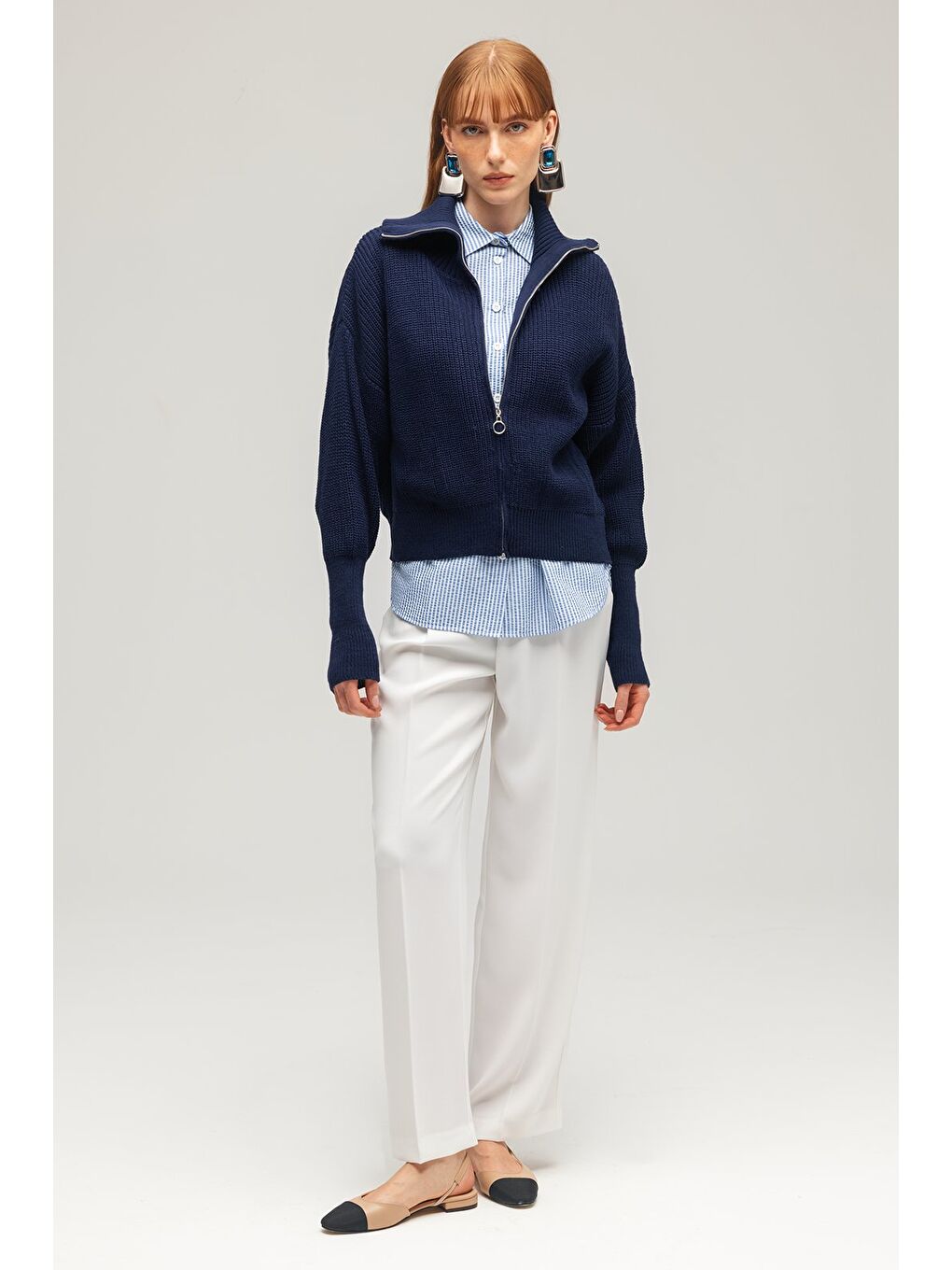 Lacivert Kadın Oversize Uzun Kollu Fermuarlı Yarım Balıkçı Yaka Triko Hırka-2