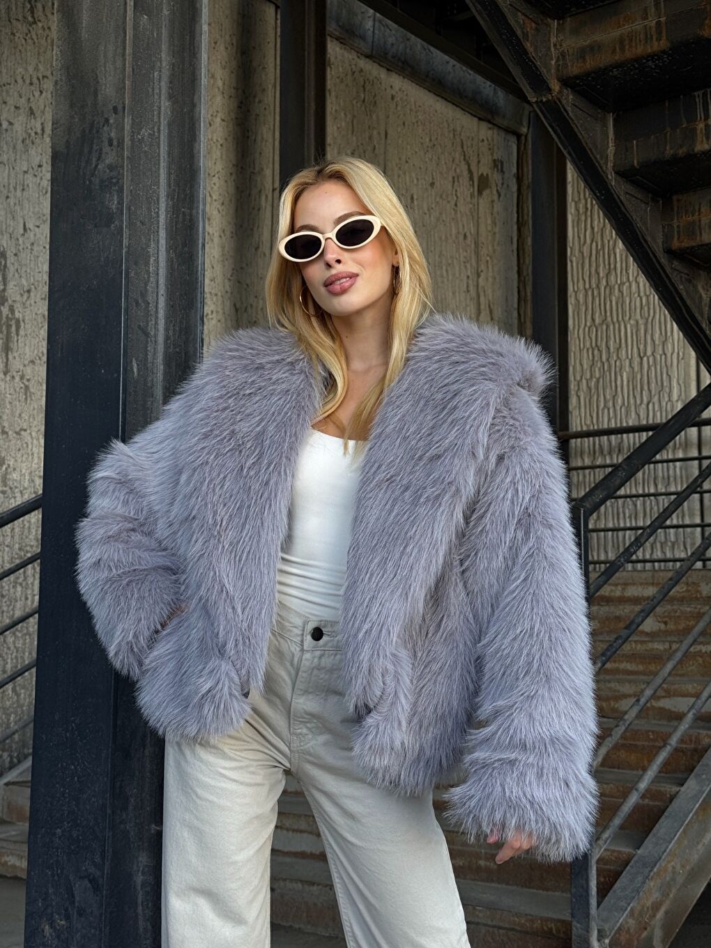 Kapüşonlu Kürk Ceket Gri-4