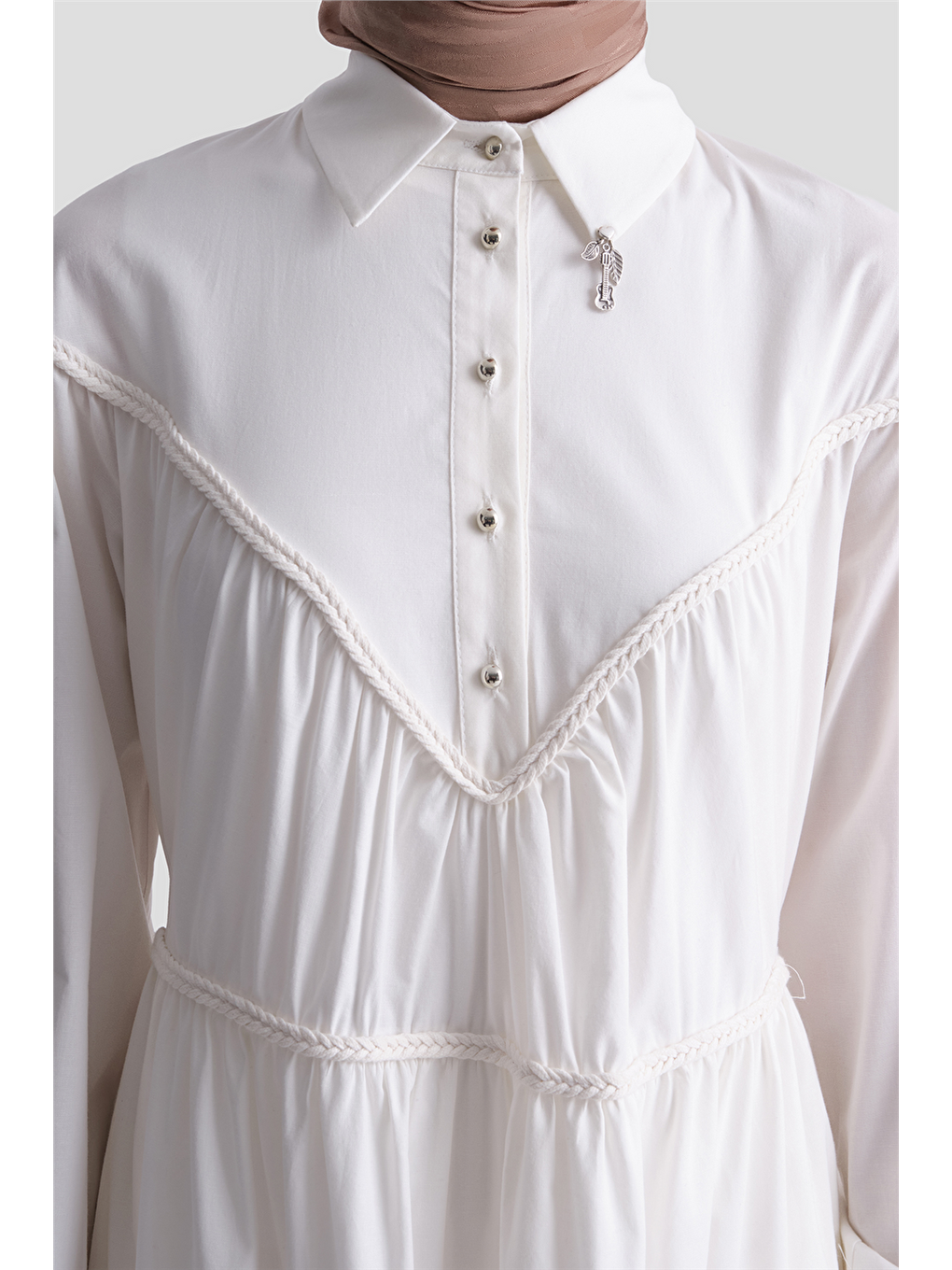 Oversize Katlı Poplin Elbise Ekru-5