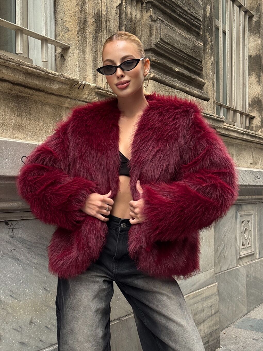 Kapüşonlu Kürk Ceket Bordo-1