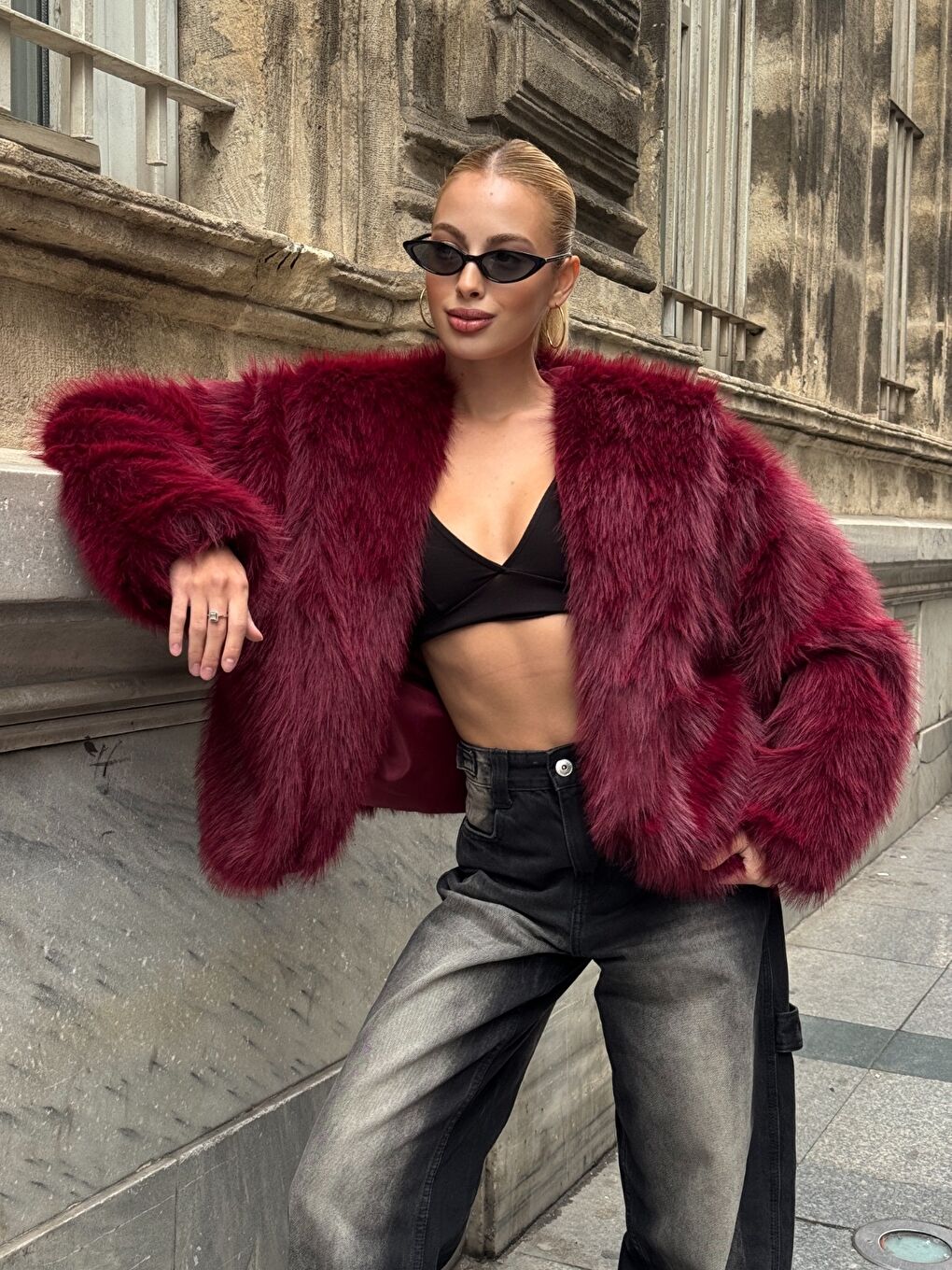 Kapüşonlu Kürk Ceket Bordo-2