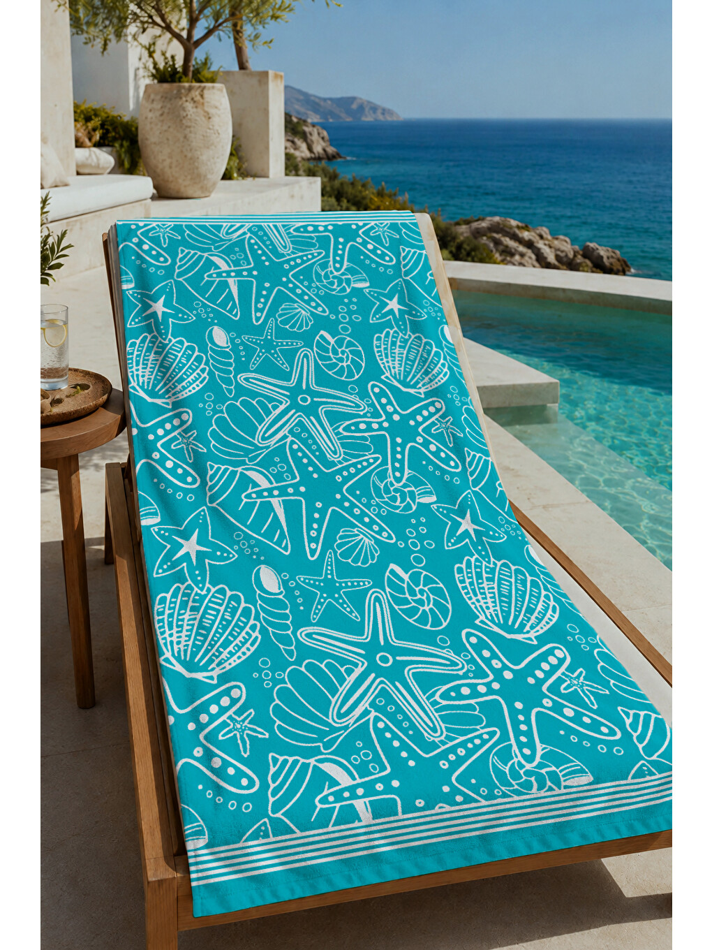 Turkuaz Deniz Canlıları Çizim Desenli 70x150 Cm Dijital Baskılı Plaj Ve Banyo Havlusu