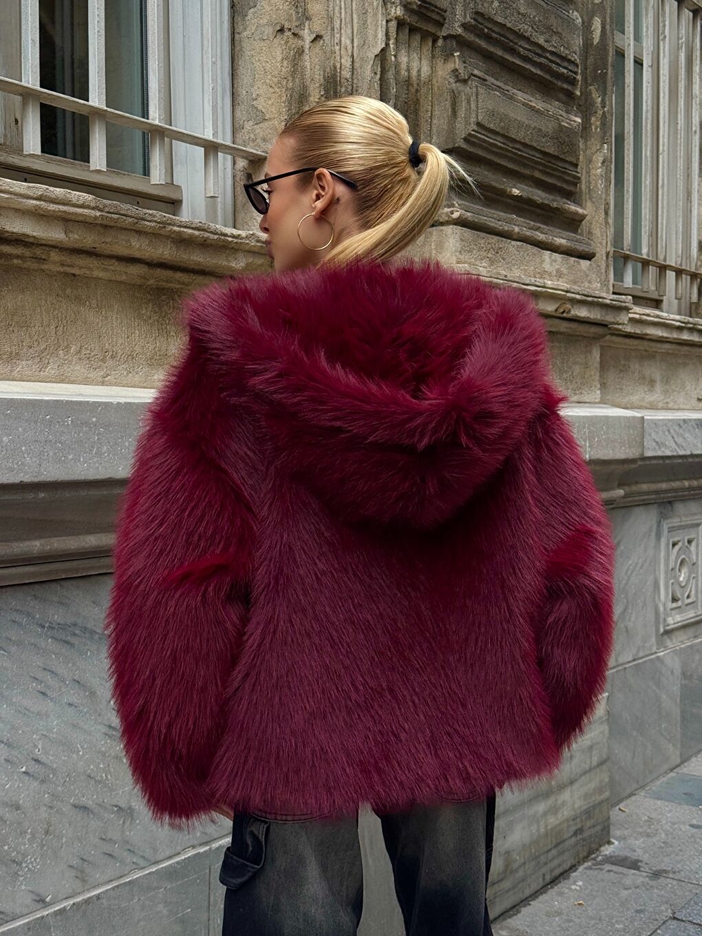 Kapüşonlu Kürk Ceket Bordo-3