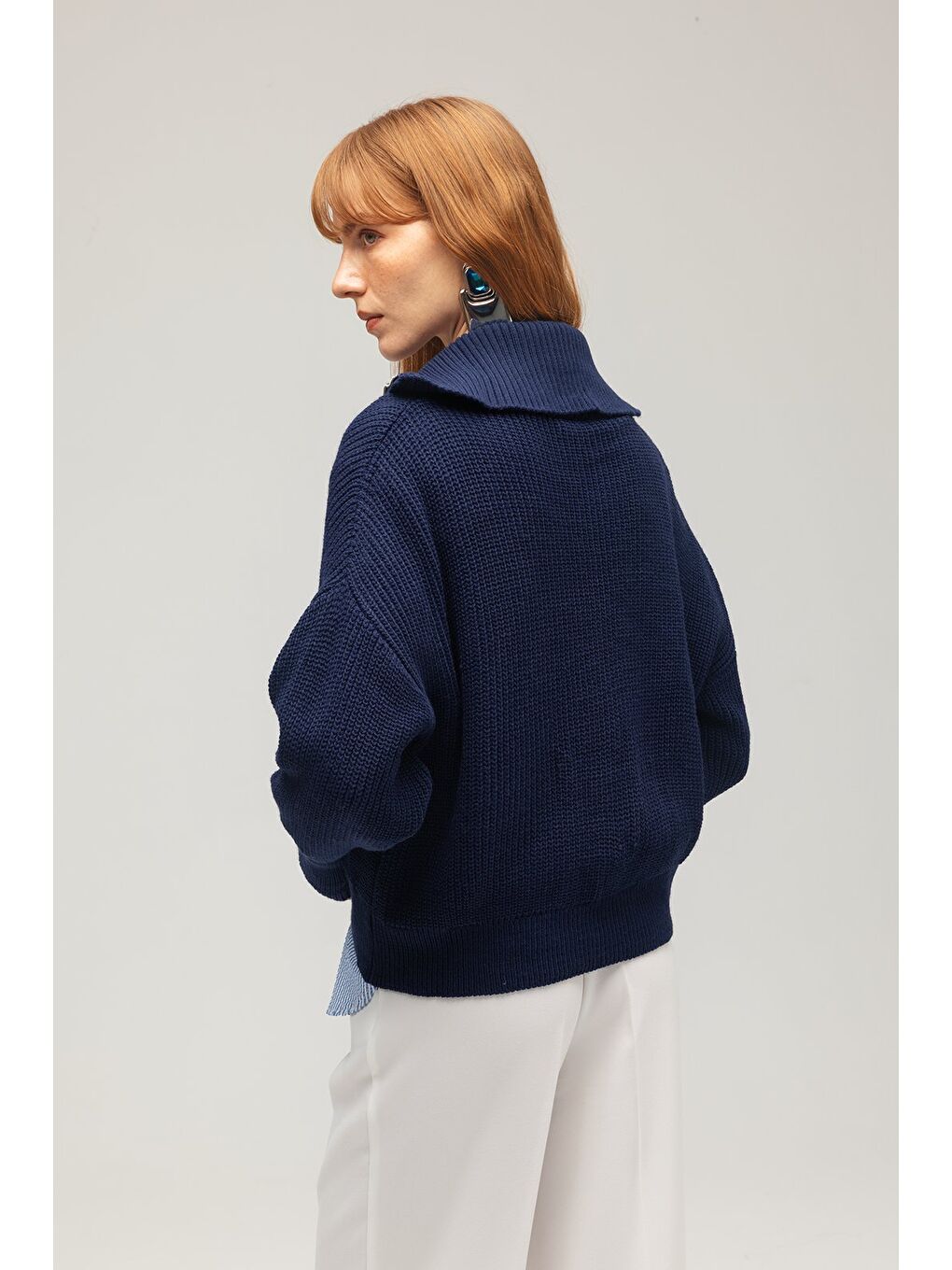 Lacivert Kadın Oversize Uzun Kollu Fermuarlı Yarım Balıkçı Yaka Triko Hırka-4