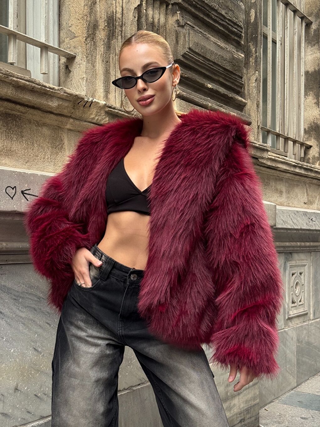 Kapüşonlu Kürk Ceket Bordo-4