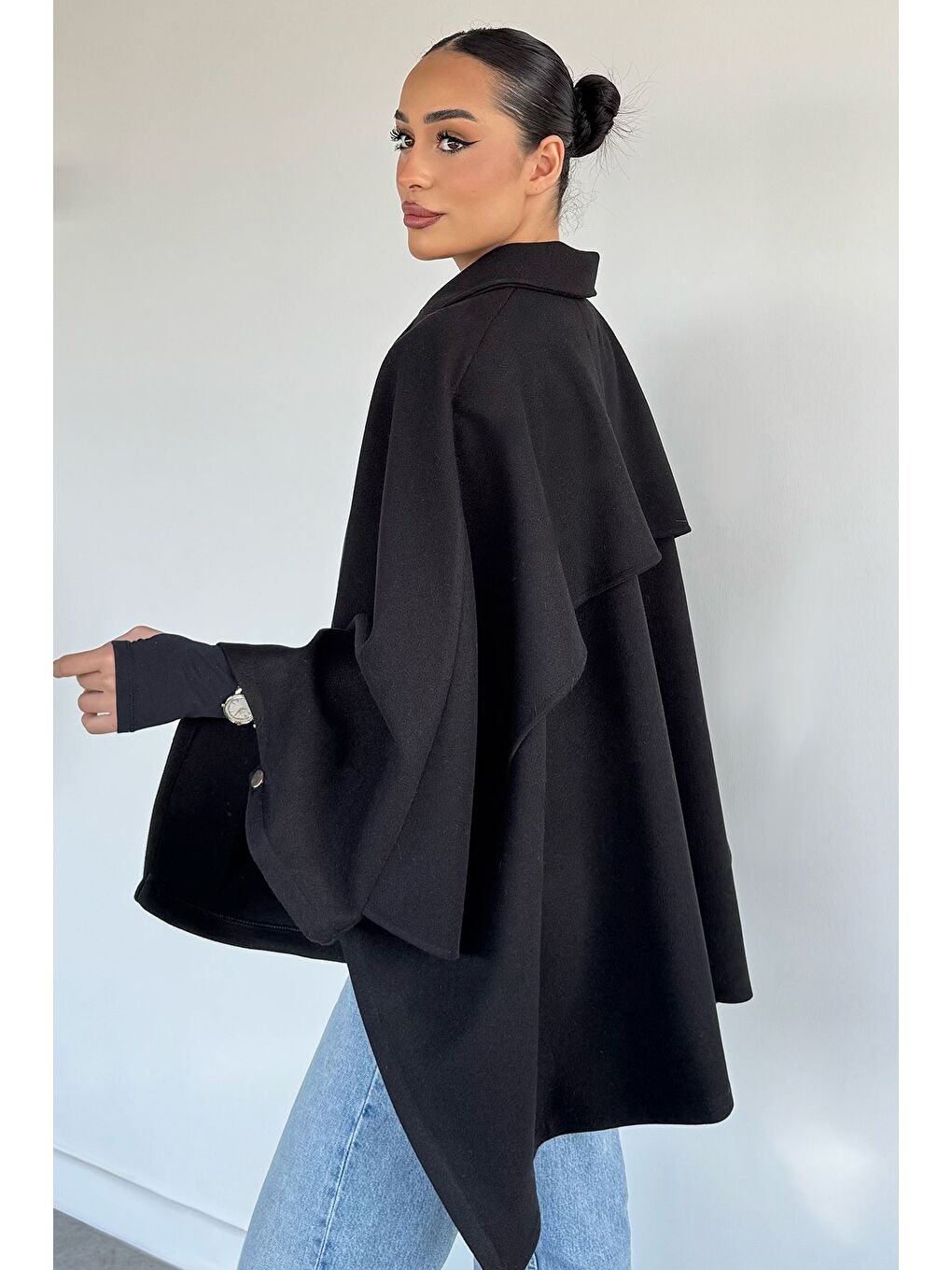 Siyah Kadın Ön Fermuarlı Panço (s-m-l-xl Uyumludur)