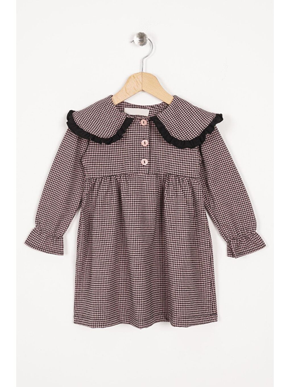 Pembe Bebe Yaka Uzun Kol Pötikareli Düğmeli Pudra Renk Kız Çocuk Elbise