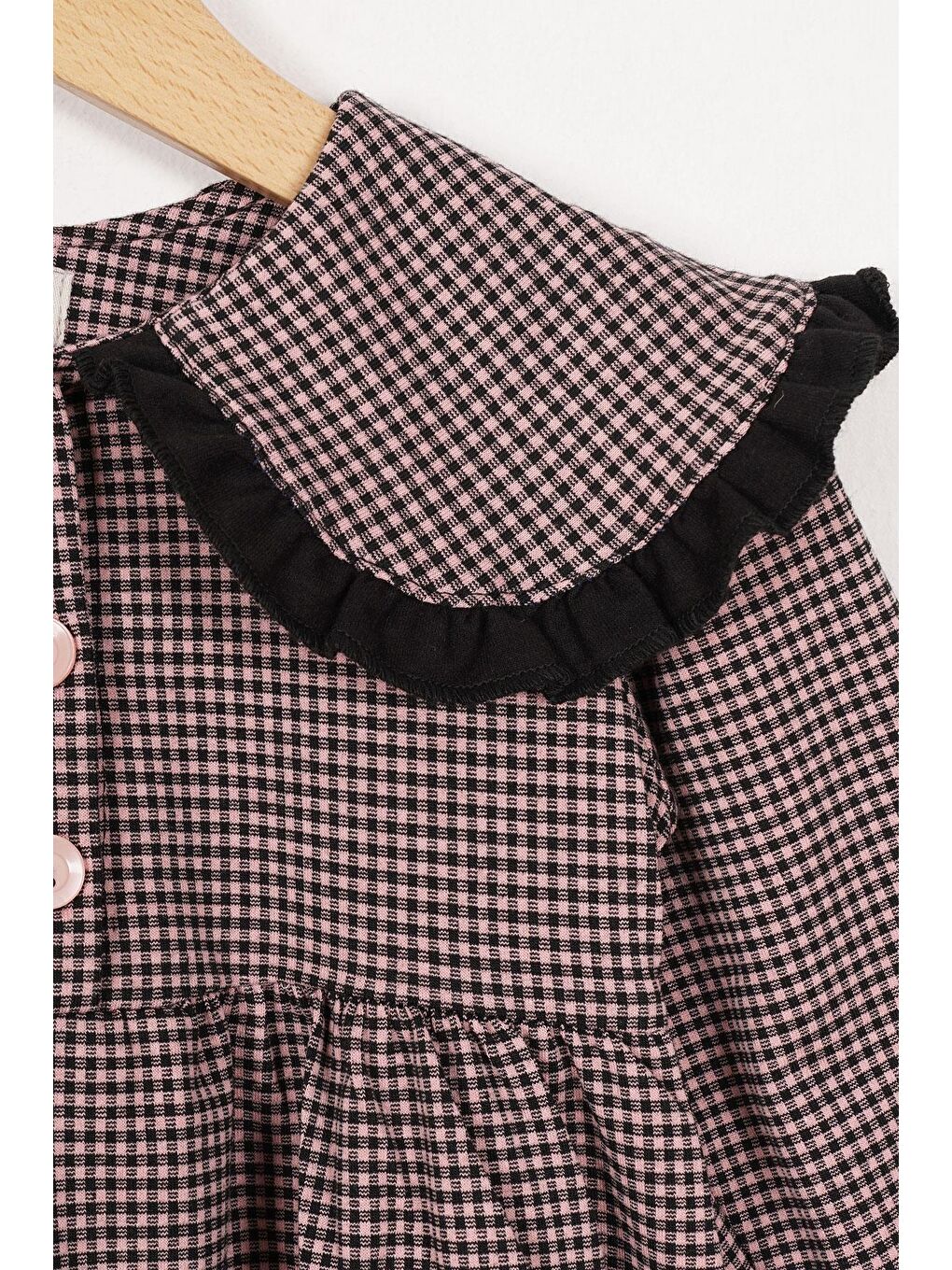 Pembe Bebe Yaka Uzun Kol Pötikareli Düğmeli Pudra Renk Kız Çocuk Elbise-1