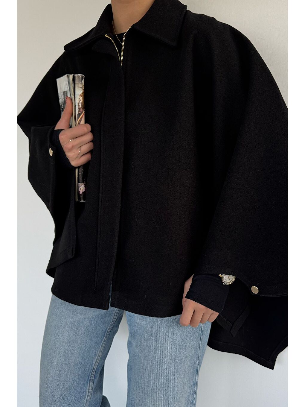 Siyah Kadın Ön Fermuarlı Panço (s-m-l-xl Uyumludur)-1