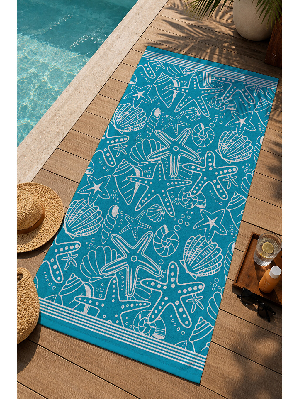 Turkuaz Deniz Canlıları Çizim Desenli 70x150 Cm Dijital Baskılı Plaj Ve Banyo Havlusu-2