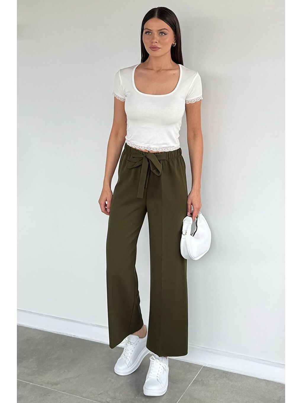 Haki Kadın Bel Bağlamalı Bol Paça Pantolon