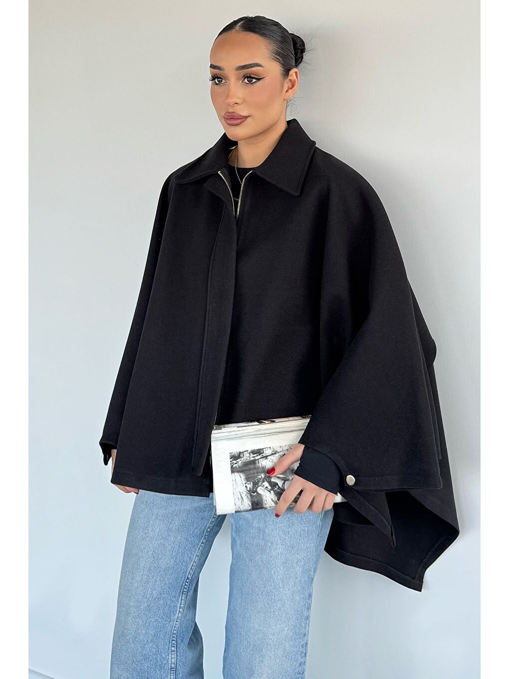 Siyah Kadın Ön Fermuarlı Panço (s-m-l-xl Uyumludur)-2