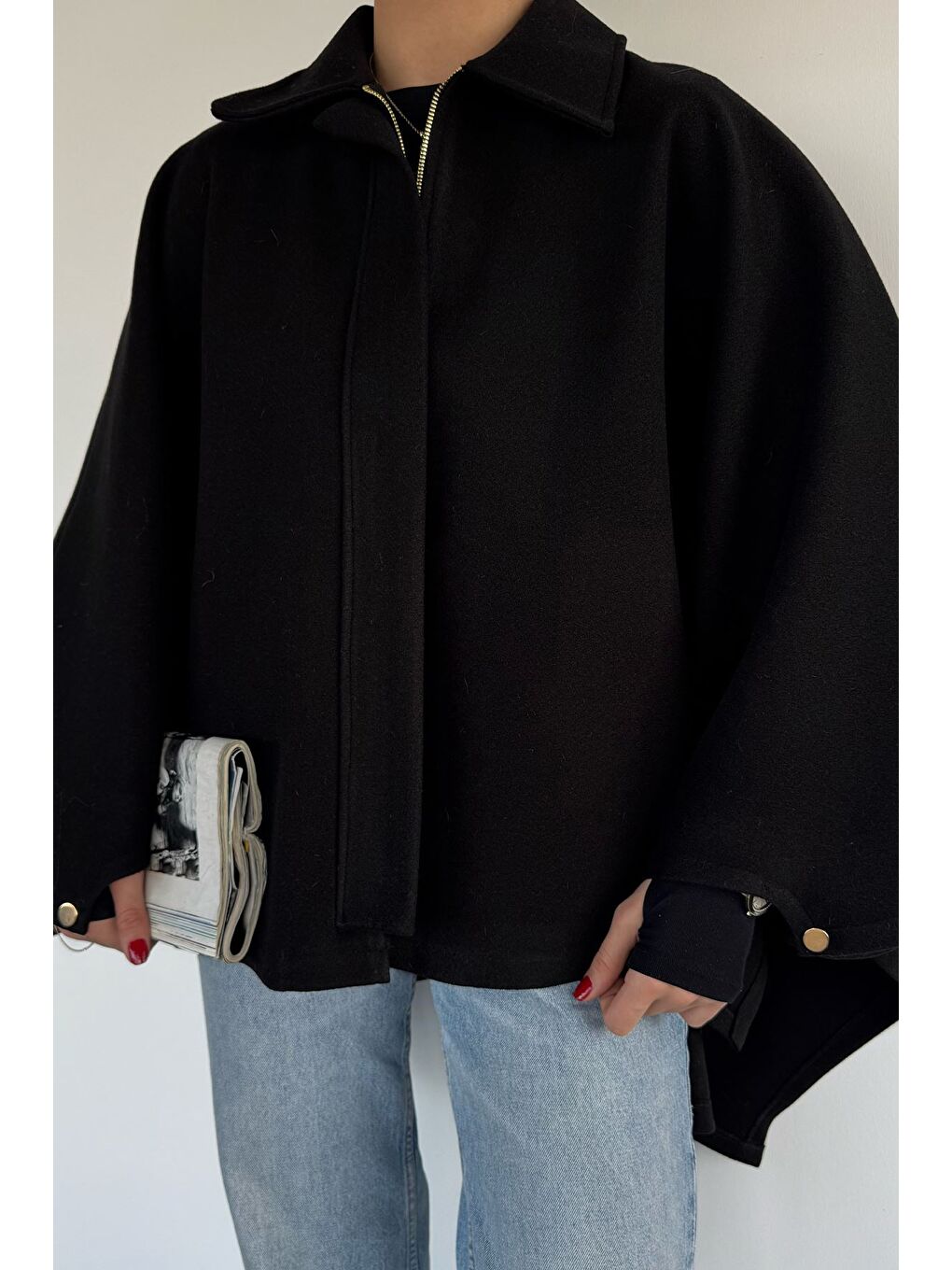 Siyah Kadın Ön Fermuarlı Panço (s-m-l-xl Uyumludur)-3